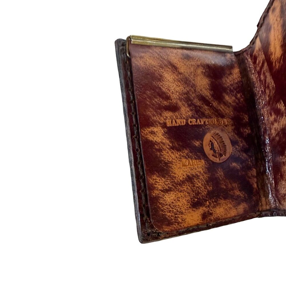 Hand Tooled Leather Wallet Brown Crafted 4"x3" Unique Gift - Picture 5 of 7